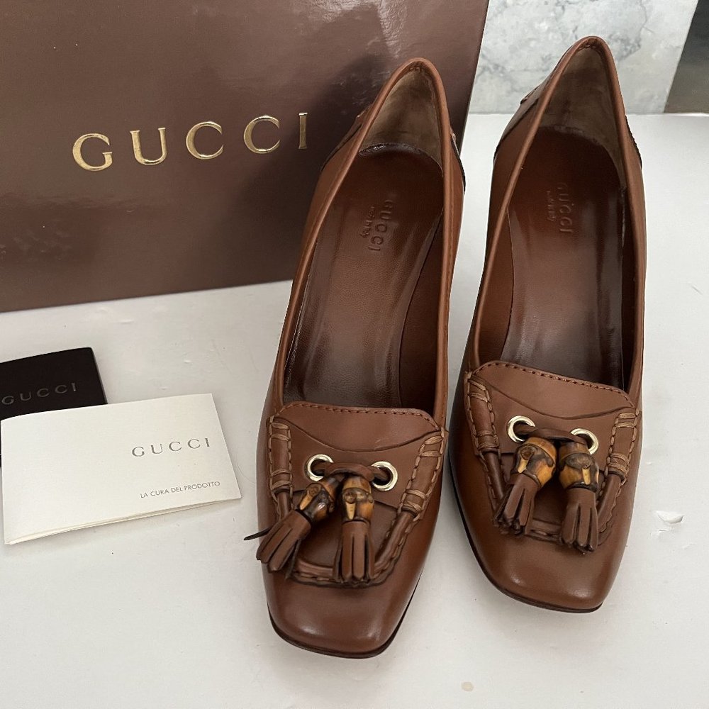 NEW Gucci Brown Leather Bamboo Tassel Loafer Pumps